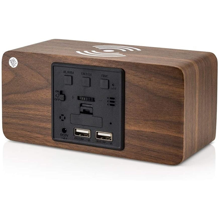 Brown Wood Digital LED Alarm Clock with Wireless Charging, Adjustable Sound and Brightness Image 5