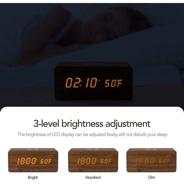 Brown Wood Digital LED Alarm Clock with Wireless Charging, Adjustable Sound and Brightness Image 11