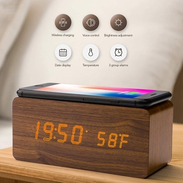 Brown Wood Digital LED Alarm Clock with Wireless Charging, Adjustable Sound and Brightness Image 12