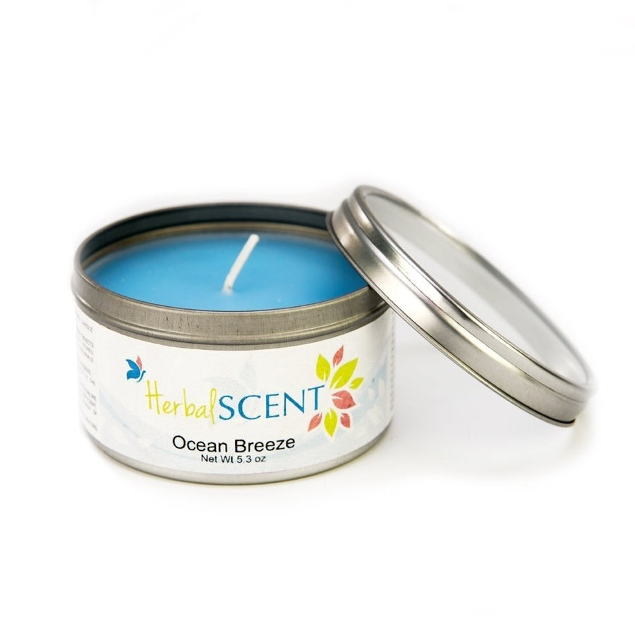 HerbalSCENT Ocean Breeze Scented Candle Blue Paraffin Wax Tin Candles, 5.3 oz Image 1