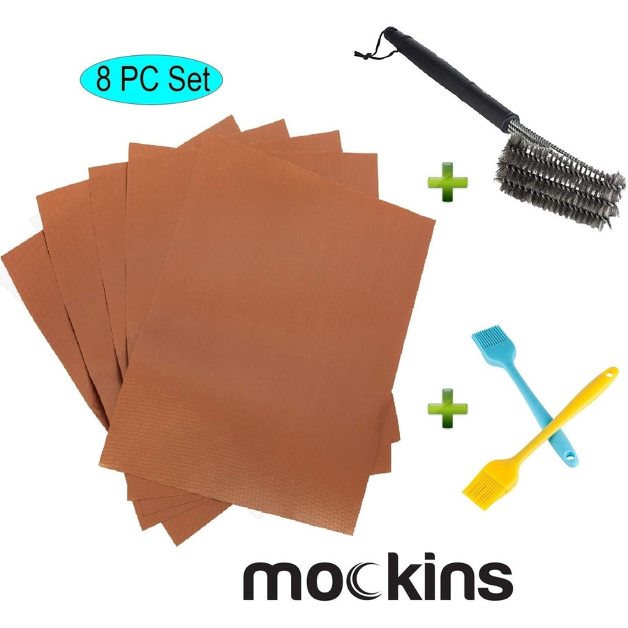 Mockins 5 BBQ Grill Mats Set with 2 Basting Brushes and 1 Steel Wire Cleaning Brush Image 1