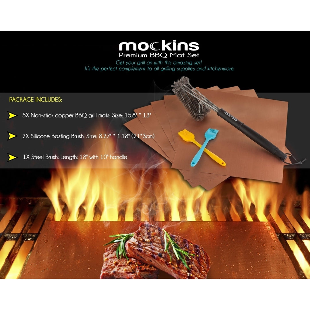 Mockins 5 BBQ Grill Mats Set with 2 Basting Brushes and 1 Steel Wire Cleaning Brush Image 4