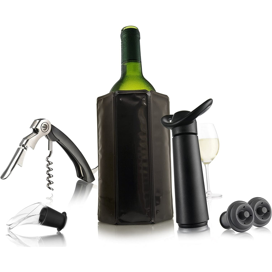 Vacu Vin Wine Essentials Gift Set in Black - Wine Saver Pump, 2 x Vacuum Bottle Stoppers, Wine Cooler, Waiters Image 2