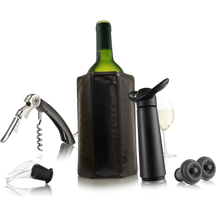 Vacu Vin Wine Essentials Gift Set in Black - Wine Saver Pump, 2 x Vacuum Bottle Stoppers, Wine Cooler, Waiters Image 2