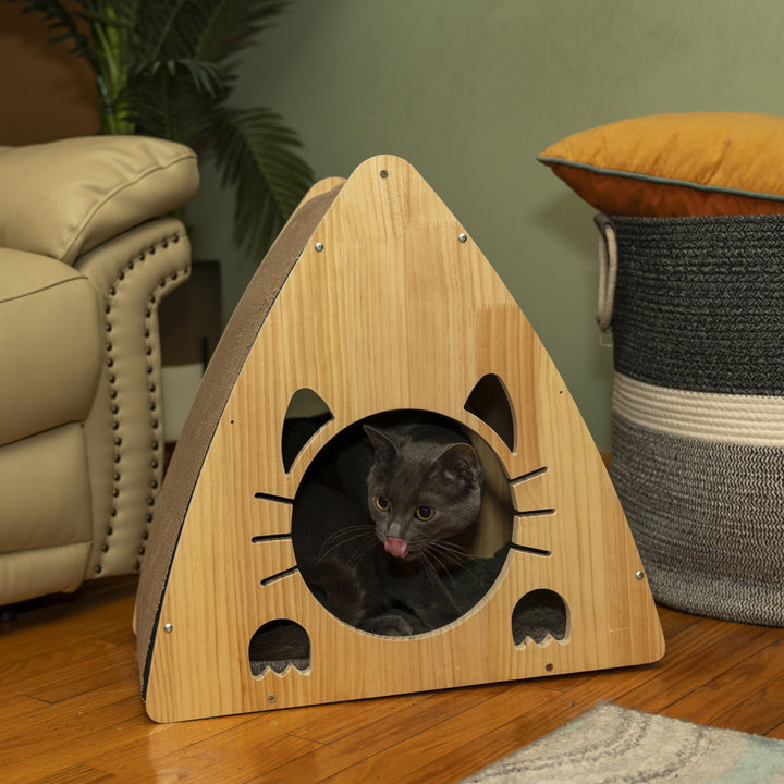 Armarkat S2106 Medium Triangular Solid Wood Cat Condo Scratching Pad Natural Image 4