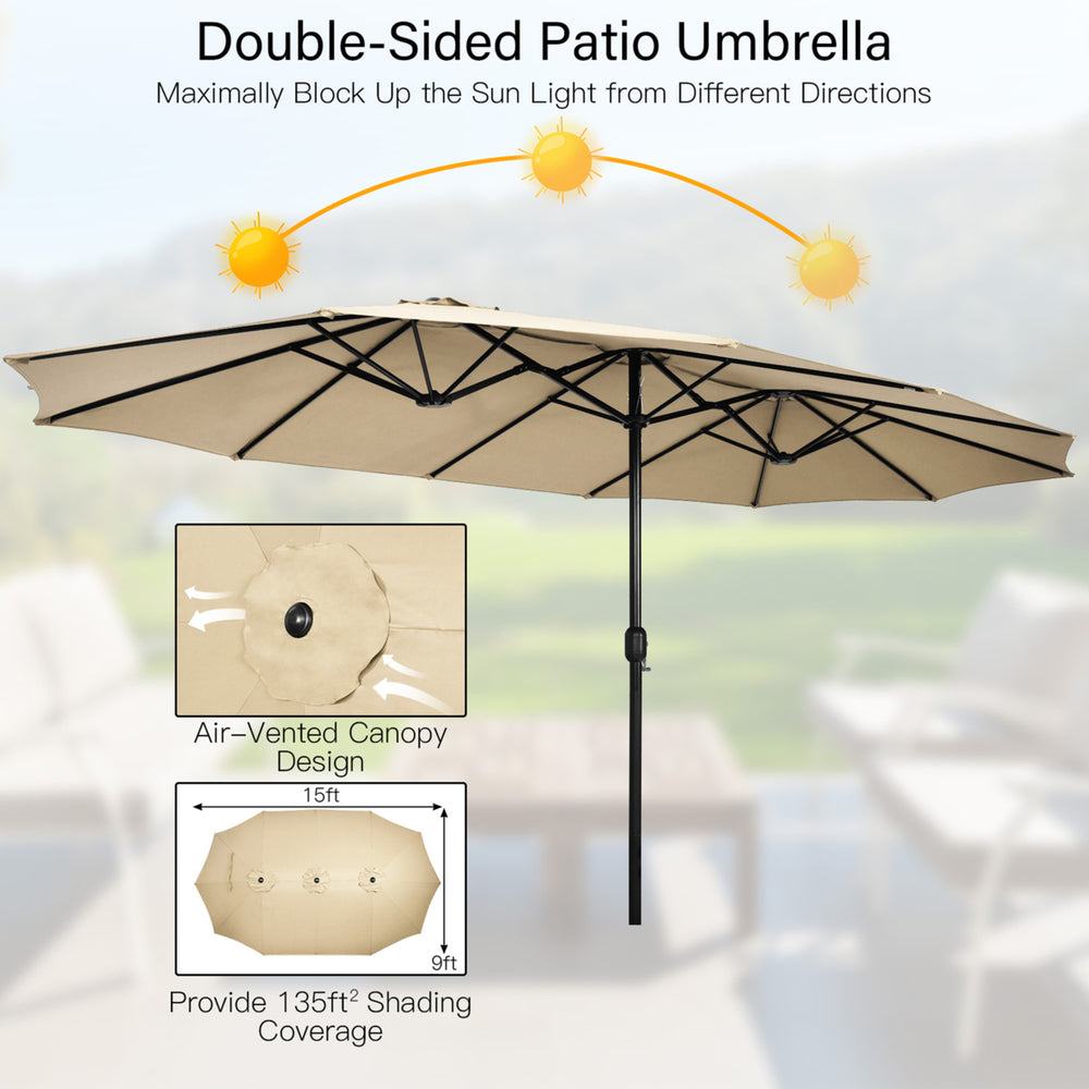 15 ft Double-Sided Patio Twin Umbrella Extra-Large Market Umbrella w/ Base Image 2