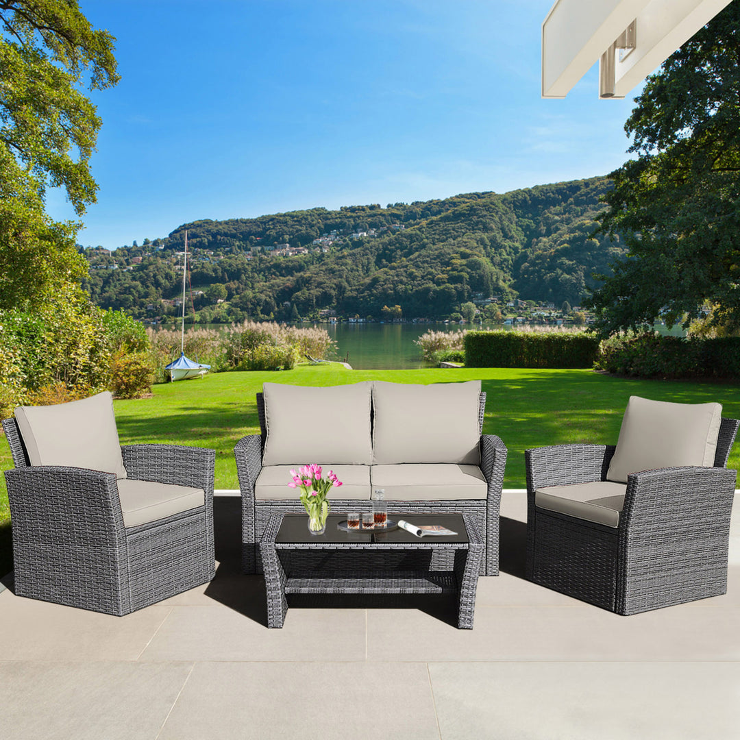 4PCS Patio Rattan Conversation Set Outdoor Furniture Set w/ Khaki Cushions Image 1