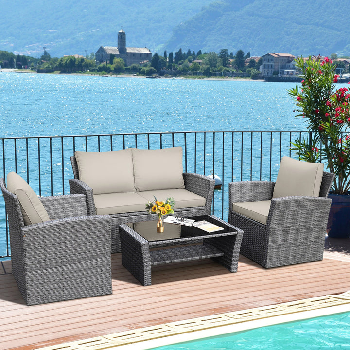 4PCS Patio Rattan Conversation Set Outdoor Furniture Set w/ Khaki Cushions Image 10