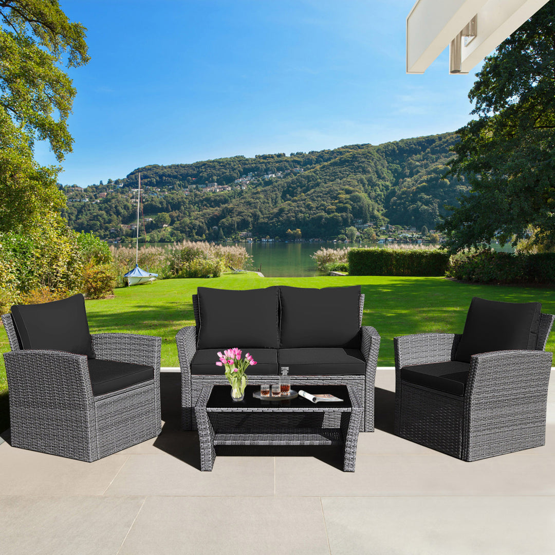 4PCS Patio Rattan Conversation Set Outdoor Furniture Set w/ Black Cushions Image 1