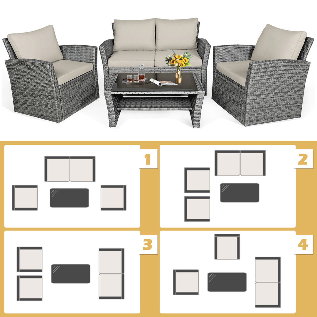 4PCS Patio Rattan Conversation Set Outdoor Furniture Set w/ Khaki Cushions Image 6