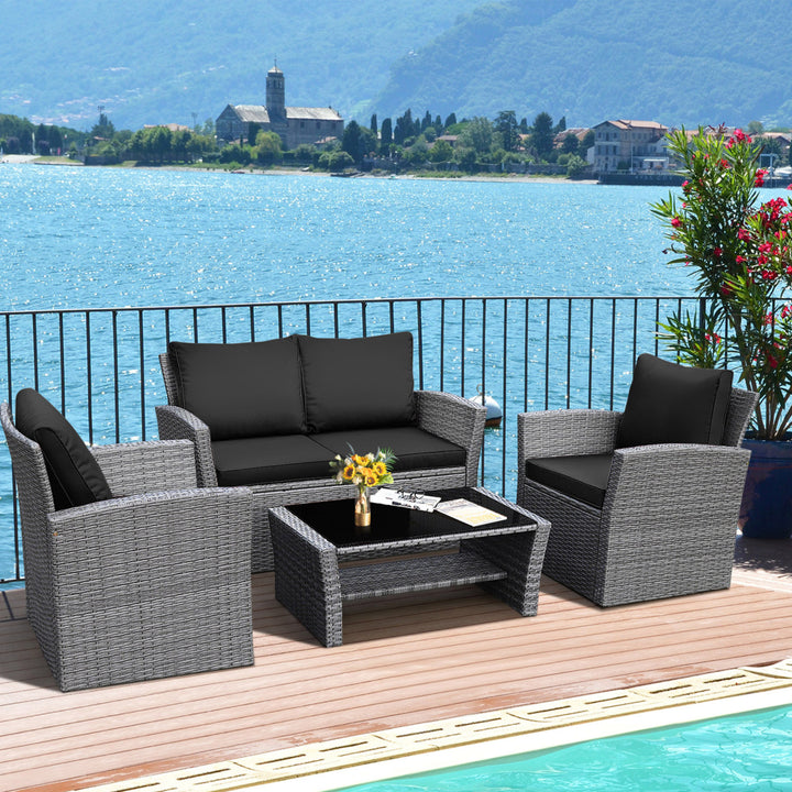 4PCS Patio Rattan Conversation Set Outdoor Furniture Set w/ Black Cushions Image 10