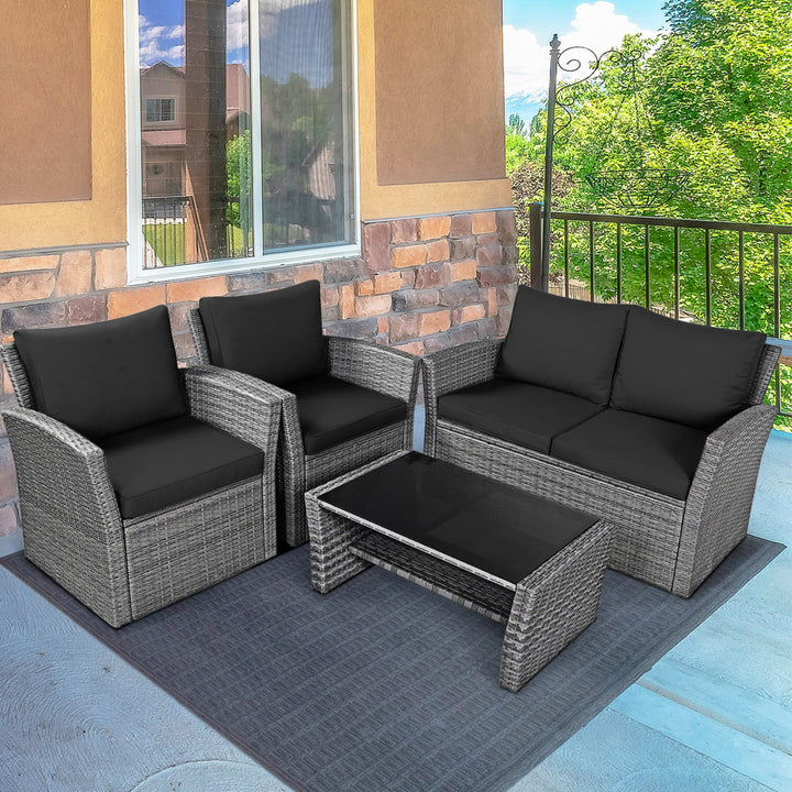 4PCS Patio Rattan Conversation Set Outdoor Furniture Set w/ Black Cushions Image 4