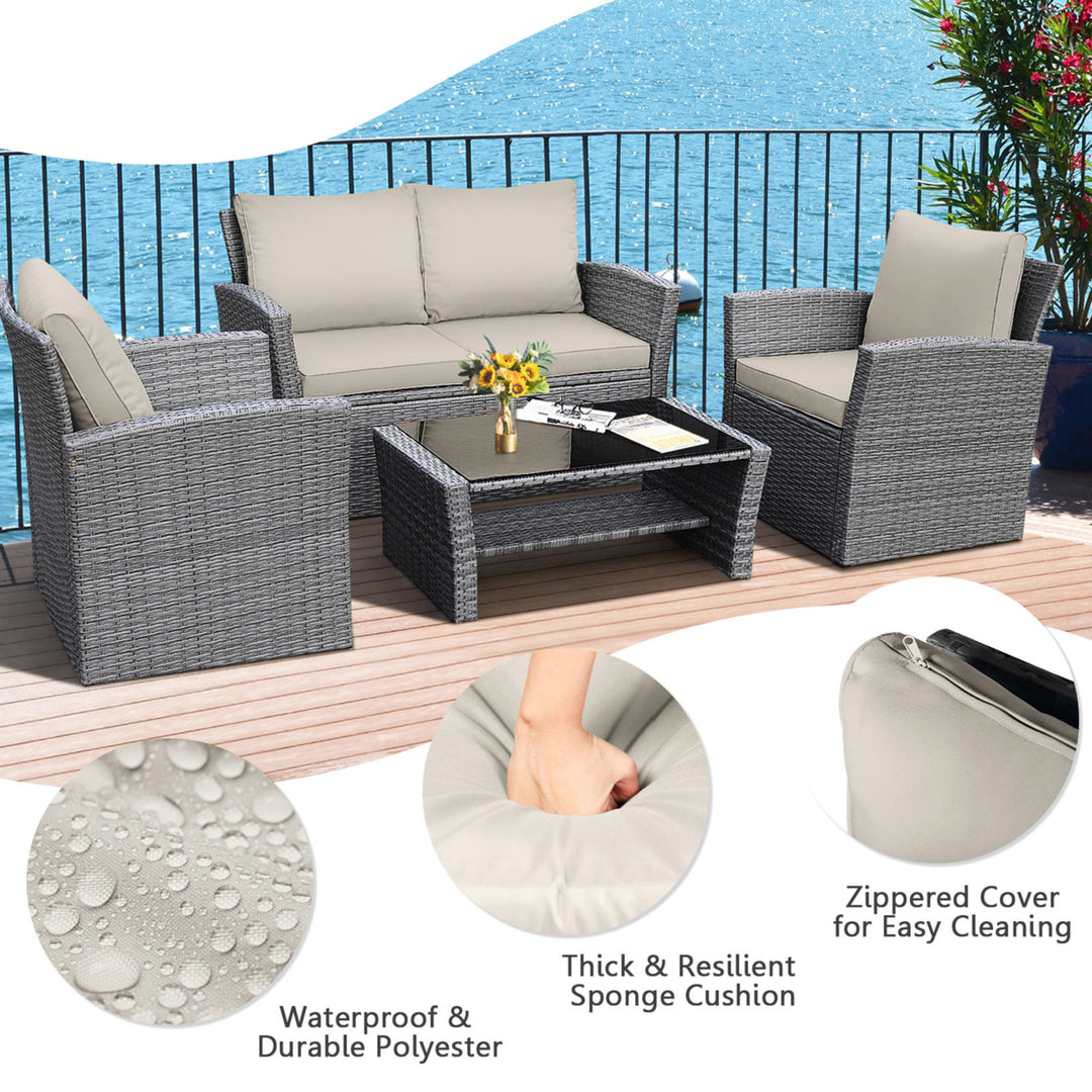 4PCS Patio Rattan Conversation Set Outdoor Furniture Set w/ Khaki Cushions Image 7