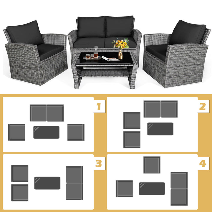 4PCS Patio Rattan Conversation Set Outdoor Furniture Set w/ Black Cushions Image 6