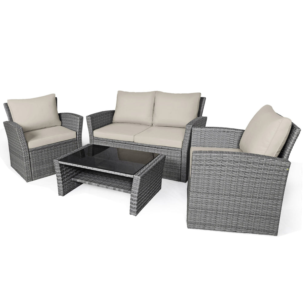 4PCS Patio Rattan Conversation Set Outdoor Furniture Set w/ Khaki Cushions Image 2