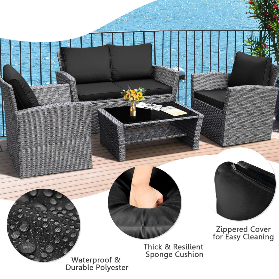 4PCS Patio Rattan Conversation Set Outdoor Furniture Set w/ Black Cushions Image 7