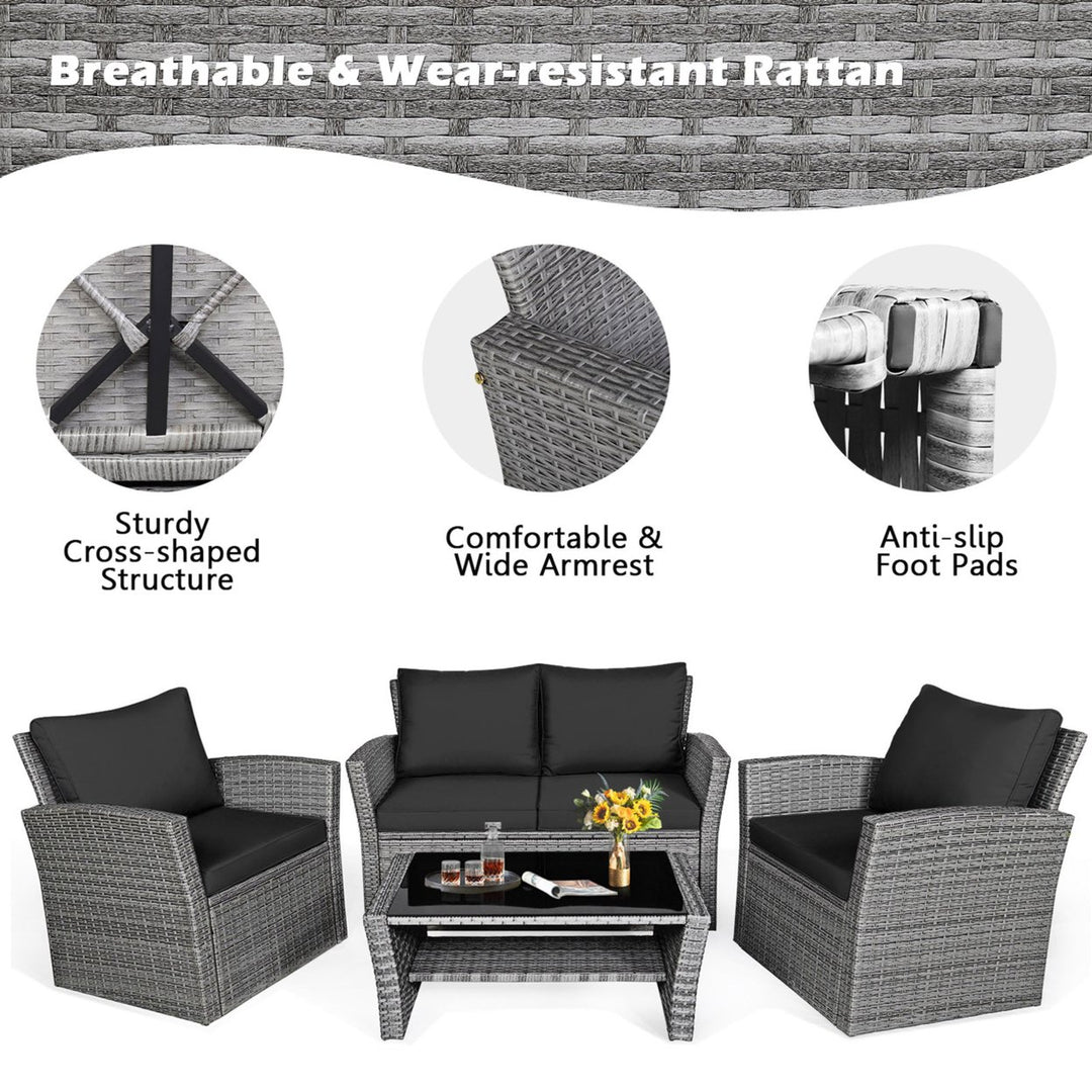 4PCS Patio Rattan Conversation Set Outdoor Furniture Set w/ Black Cushions Image 8