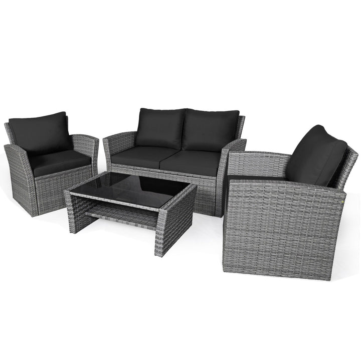 4PCS Patio Rattan Conversation Set Outdoor Furniture Set w/ Black Cushions Image 2