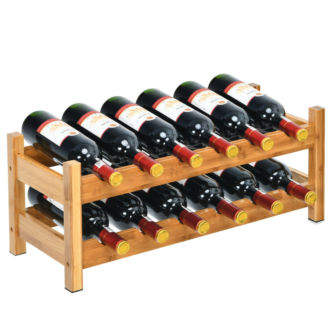 2-Tier Bamboo Wine Rack 12 Bottles Display Storage Shelf Holder Kitchen Natural Image 1