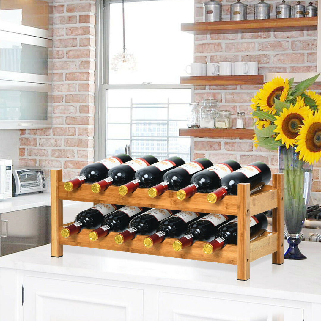 2-Tier Bamboo Wine Rack 12 Bottles Display Storage Shelf Holder Kitchen Natural Image 2