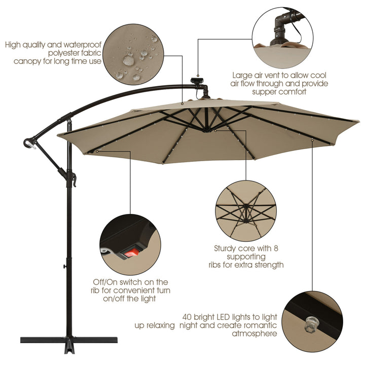 10ft Solar Patio Umbrella Outdoor Offset Hanging Umbrella w/ 40 LED Lights Image 2