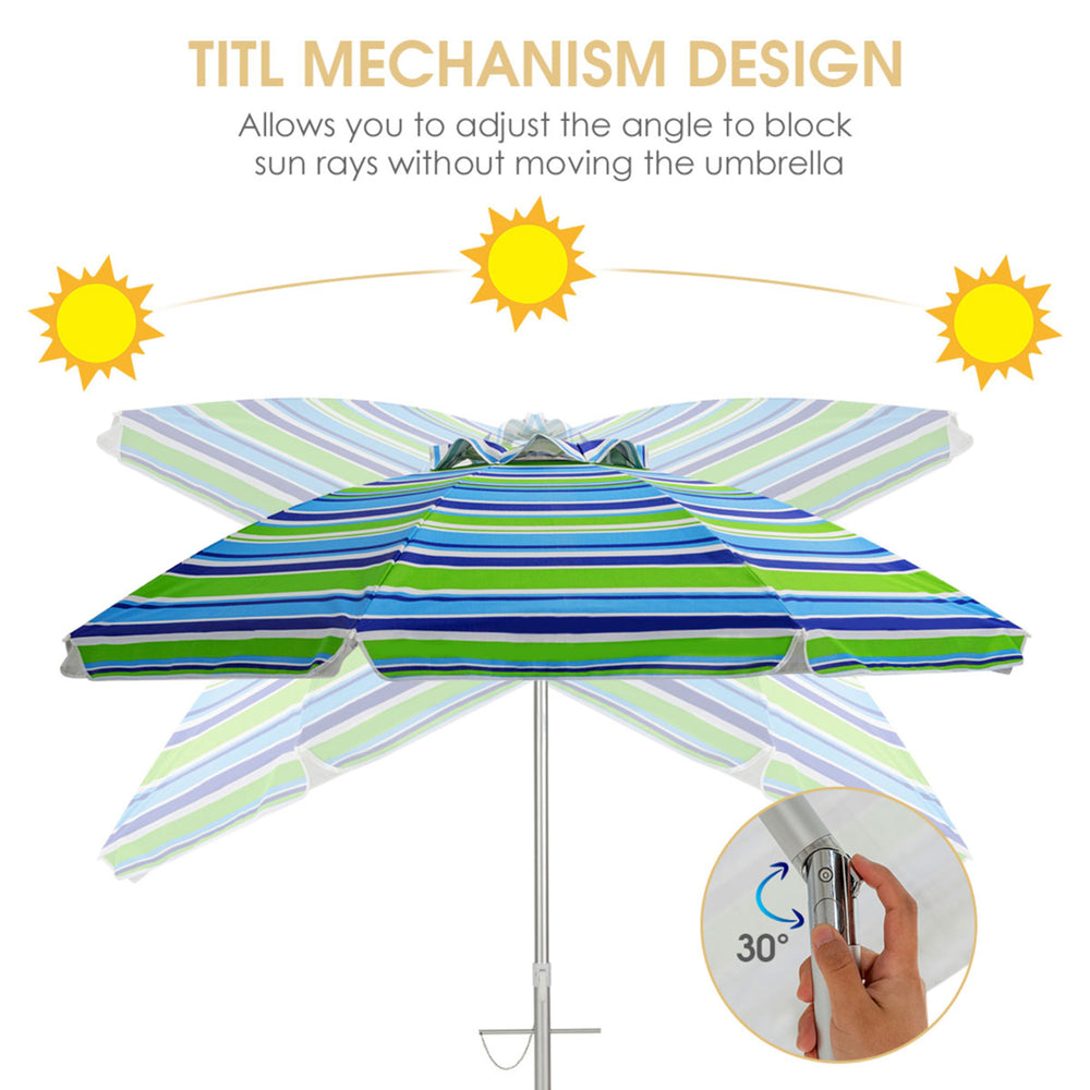 6.5Ft Beach Umbrella w/ Tilt Mechanism Sand Anchor Carrying Bag Image 2