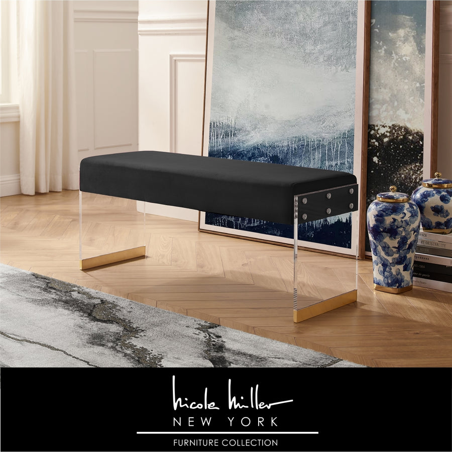 Hiram Bench-Upholstered-Acrylic Base with Metal Detail-Flat Seat Image 1