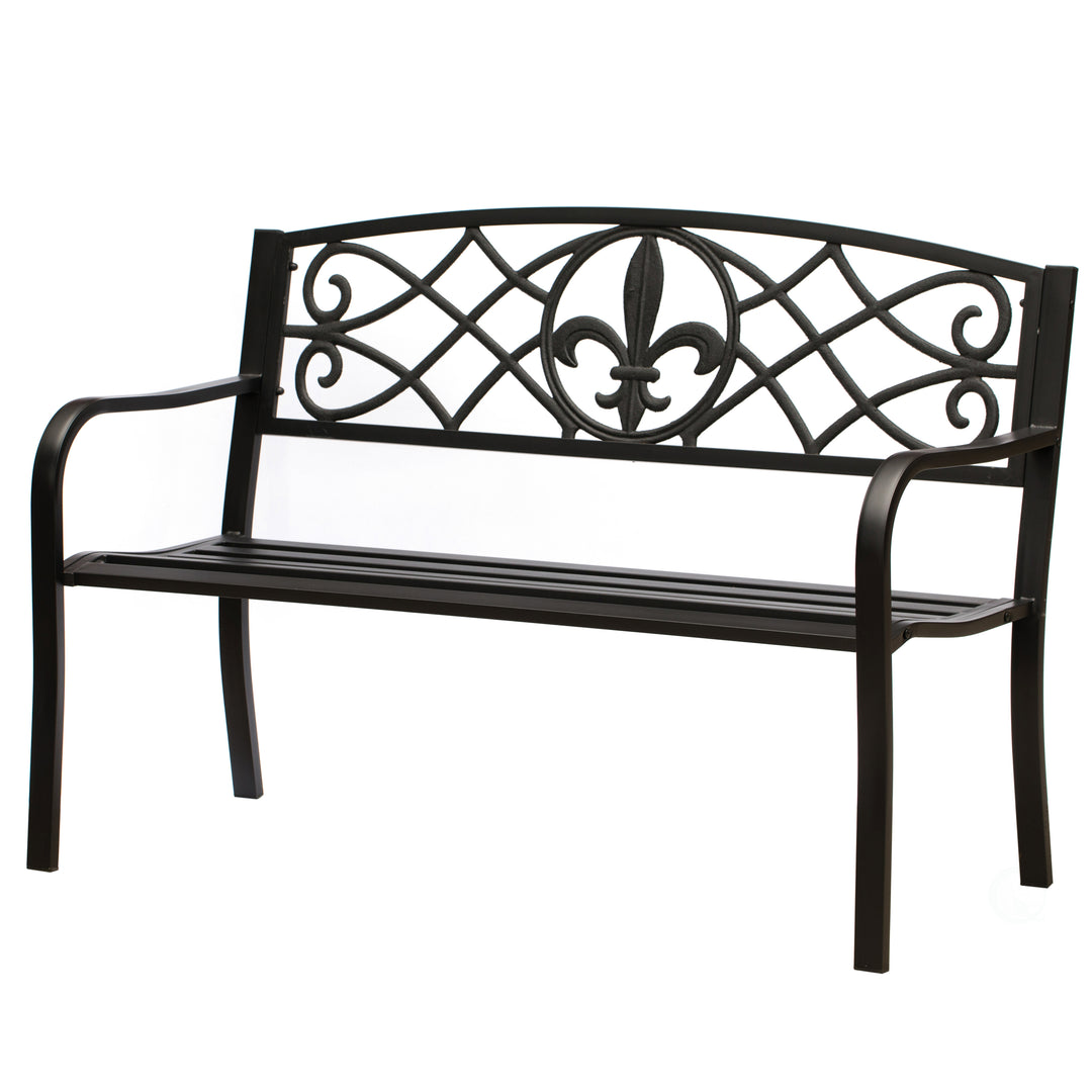 Steel Park Bench Black 50in Outdoor Garden Lawn Furniture Cast Iron Backrest Image 1