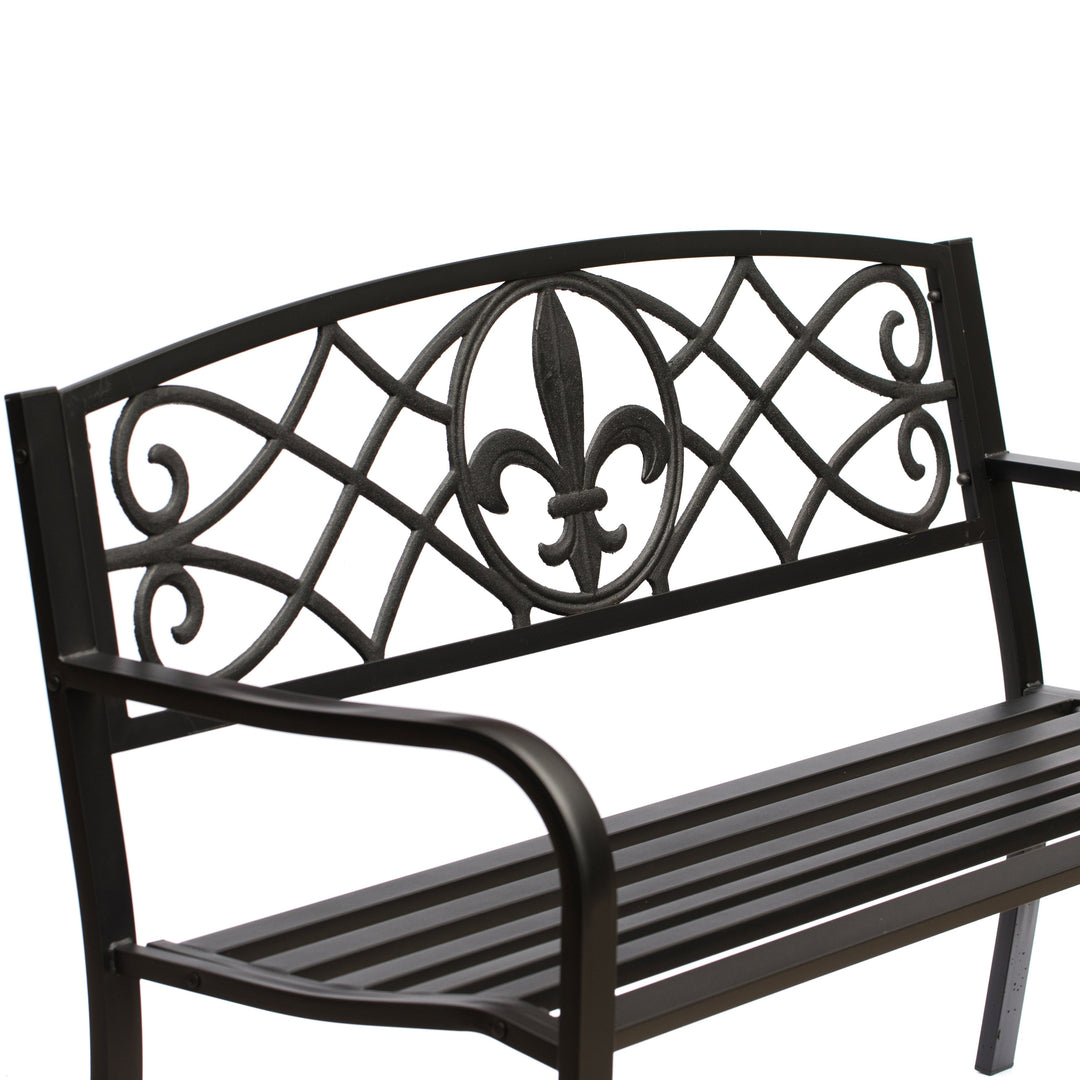 Steel Park Bench Black 50in Outdoor Garden Lawn Furniture Cast Iron Backrest Image 4