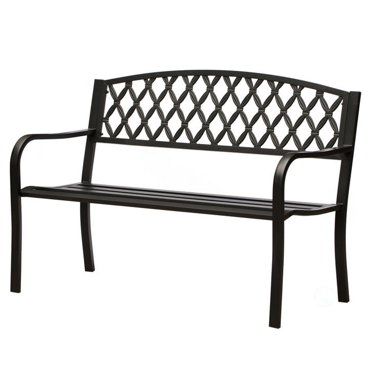 Gardenised Black Steel Park Bench 50in Cast Iron Backrest Outdoor Seating Image 1