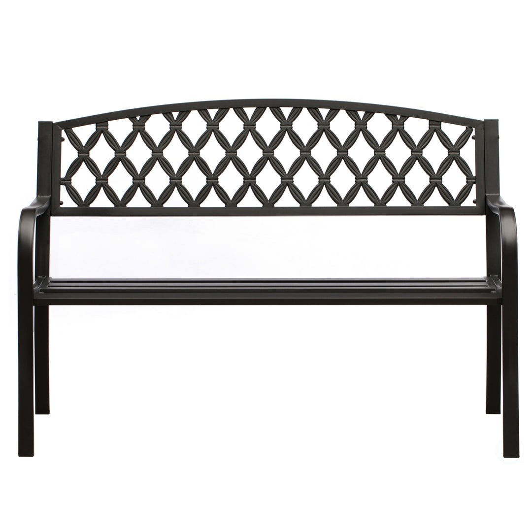 Gardenised Black Steel Park Bench 50in Cast Iron Backrest Outdoor Seating Image 2