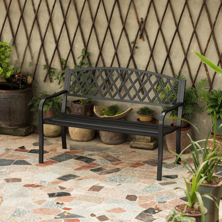 Gardenised Black Steel Park Bench 50in Cast Iron Backrest Outdoor Seating Image 4