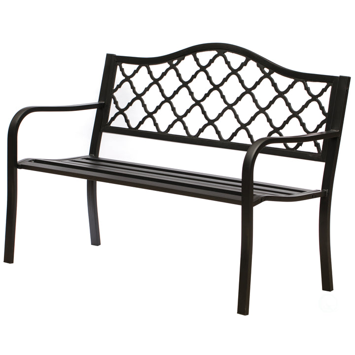 Gardenised Steel Outdoor Park Bench Cast Iron Backrest Black 50in Yard Patio Decor Image 1