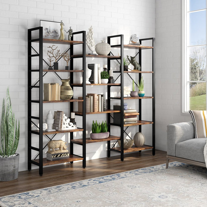 Tribesigns Triple Wide 5-Shelf Bookcase, 5 Tier Etagere Large Open Bookshelf Faux White Marble Look Shelves Wood and Image 1