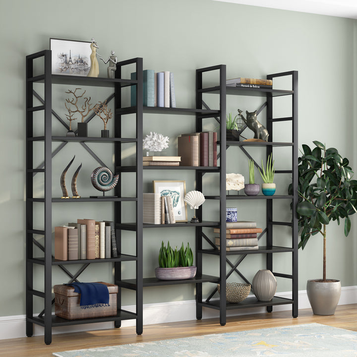 Tribesigns Triple Wide 5-Shelf Bookcase, 5 Tier Etagere Large Open Bookshelf Faux White Marble Look Shelves Wood and Image 8