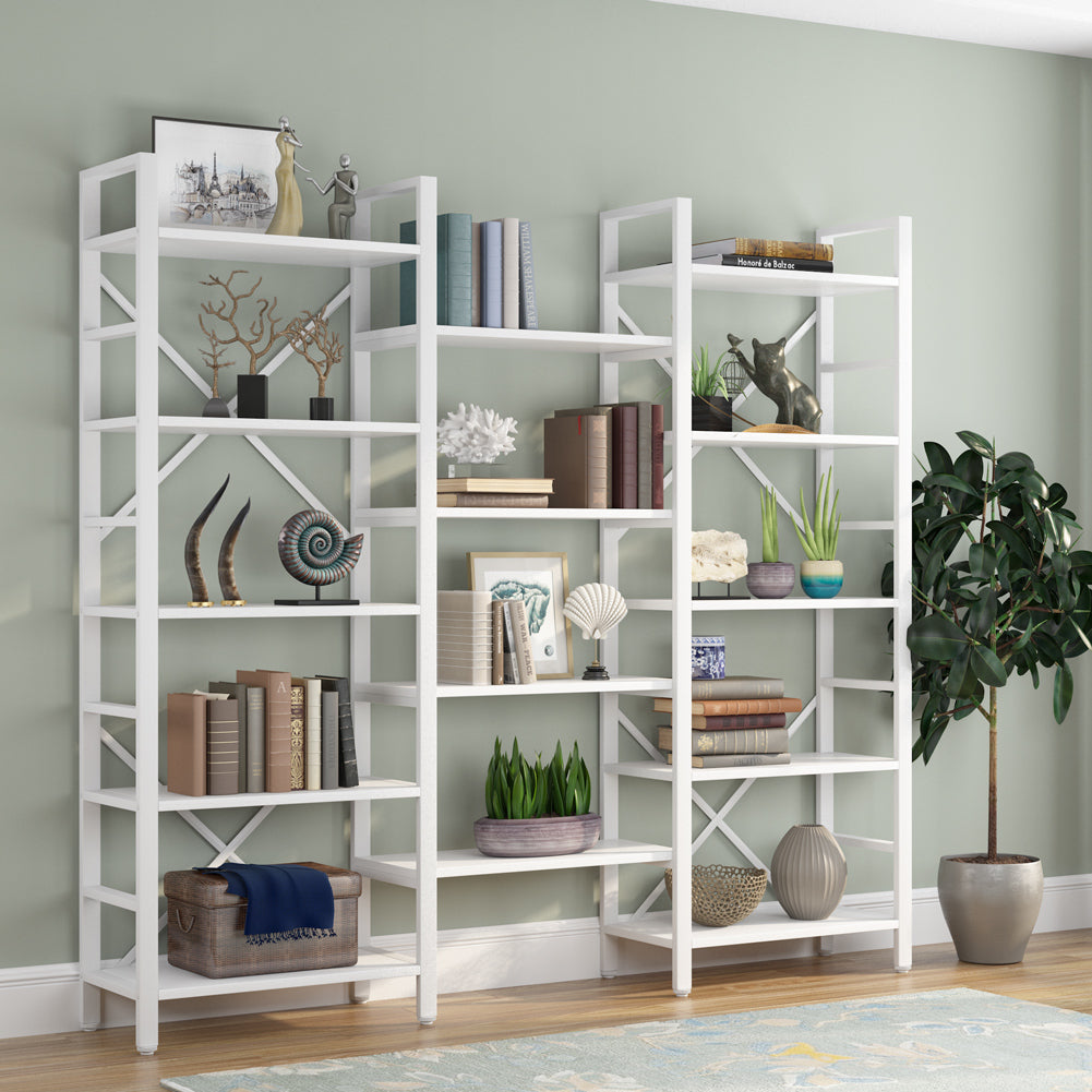 Tribesigns Triple Wide 5-Shelf Bookcase, 5 Tier Etagere Large Open Bookshelf Faux White Marble Look Shelves Wood and Image 11