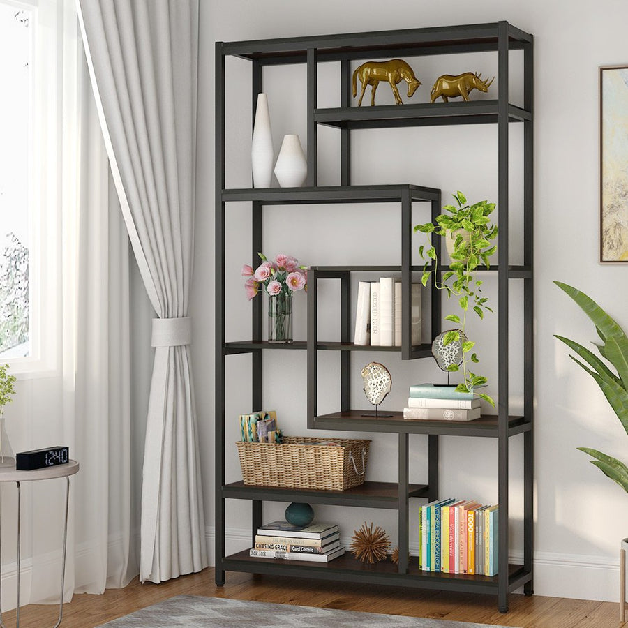Tribesigns 8-Shelves Staggered Bookshelf, Rustic Industrial Etagere Bookcase for Office, Vintage Book Shelves Display Image 1