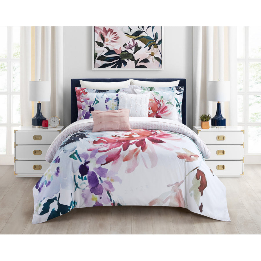 Victoria 5 Piece Reversible Comforter Set Floral Watercolor Design Bedding Image 1