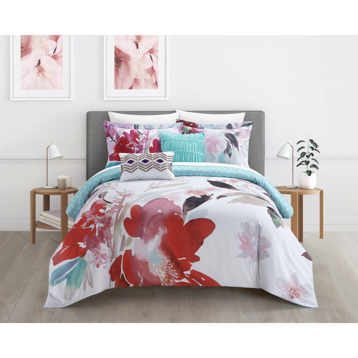 Victoria 5 Piece Reversible Comforter Set Floral Watercolor Design Bedding Image 1