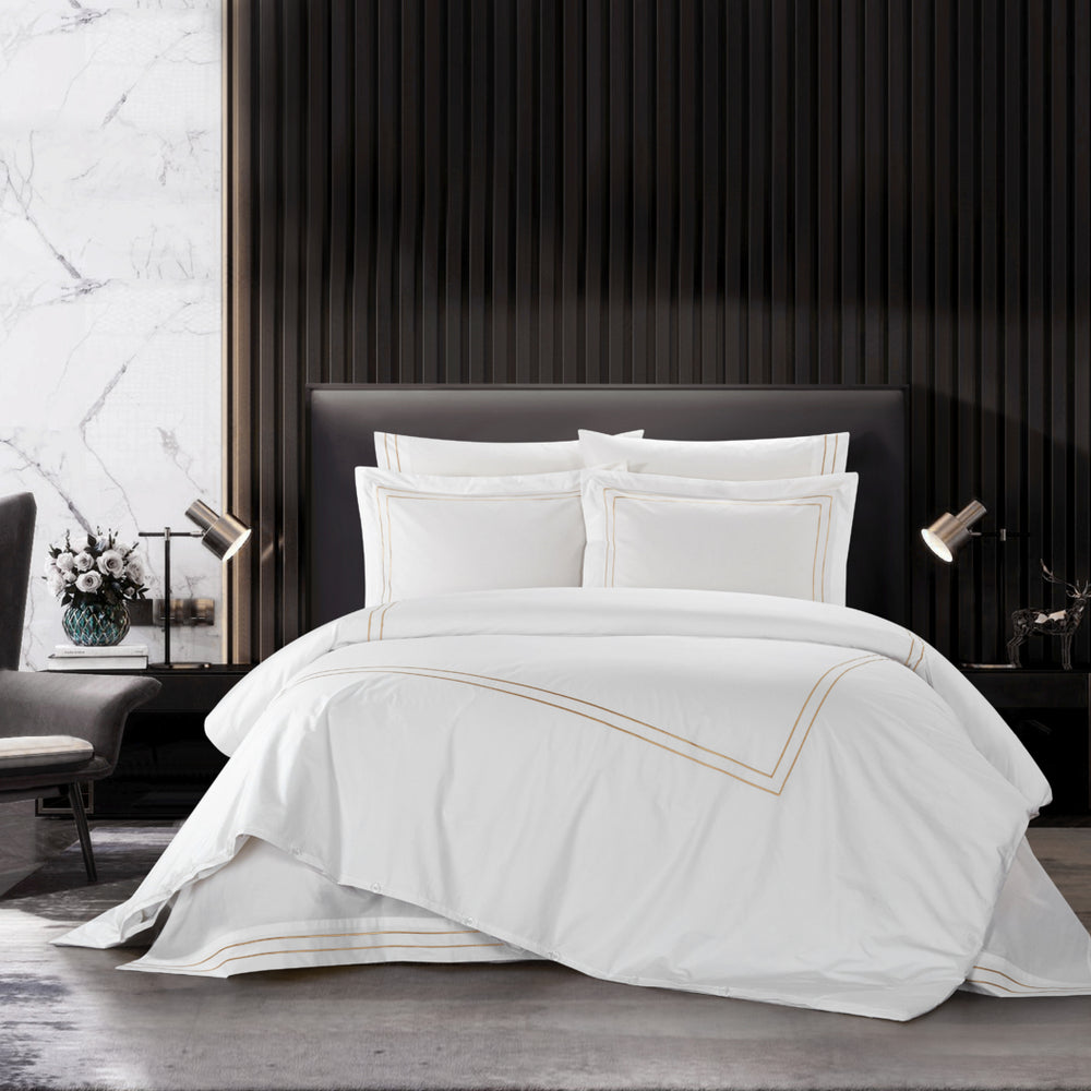 Alfrey 3 Piece Organic Cotton Duvet Cover Set Solid White With Dual Stripe Embroidered Border Hotel Collection Bedding Image 2
