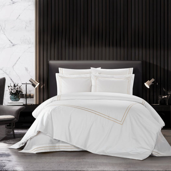 Alfrey 3 Piece Organic Cotton Duvet Cover Set Solid White With Dual Stripe Embroidered Border Hotel Collection Bedding Image 1