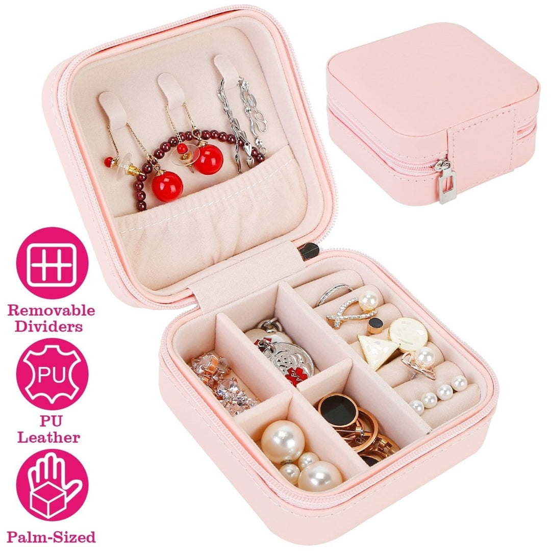 Mini Jewelry Storage Box Pink PU Leather Organizer Portable Travel Case 3.7x3.7in Image 1