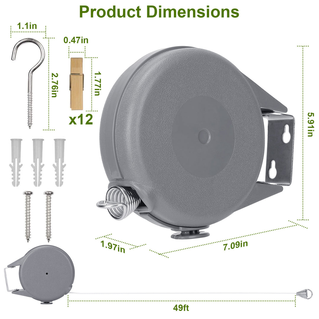 Retractable Clothesline 49FT Outdoor PVC Automatic Drying Easy Install 44lbs Image 4