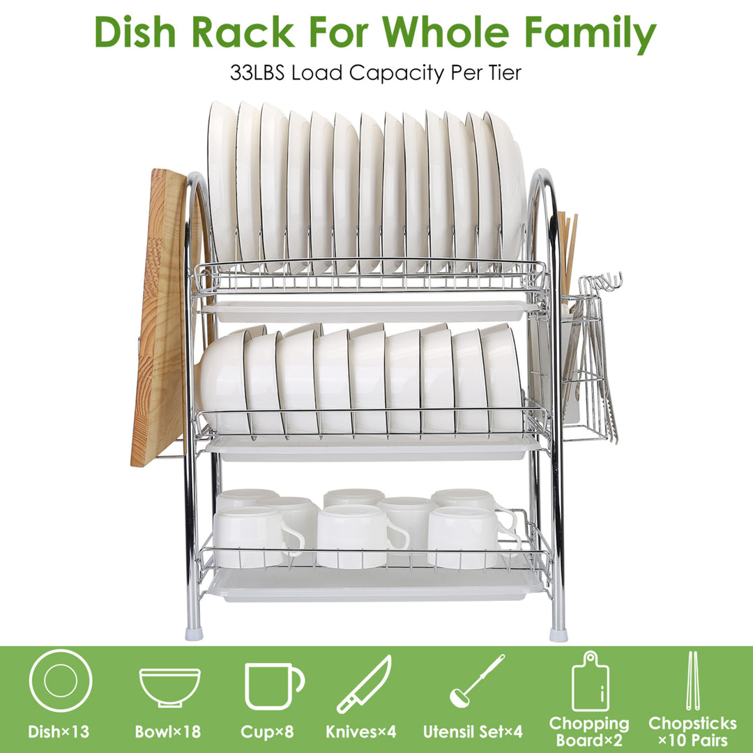 3-Tier Dish Drying Rack High-Carbon Steel with Drain Trays Utensil Holder White Silver Image 3