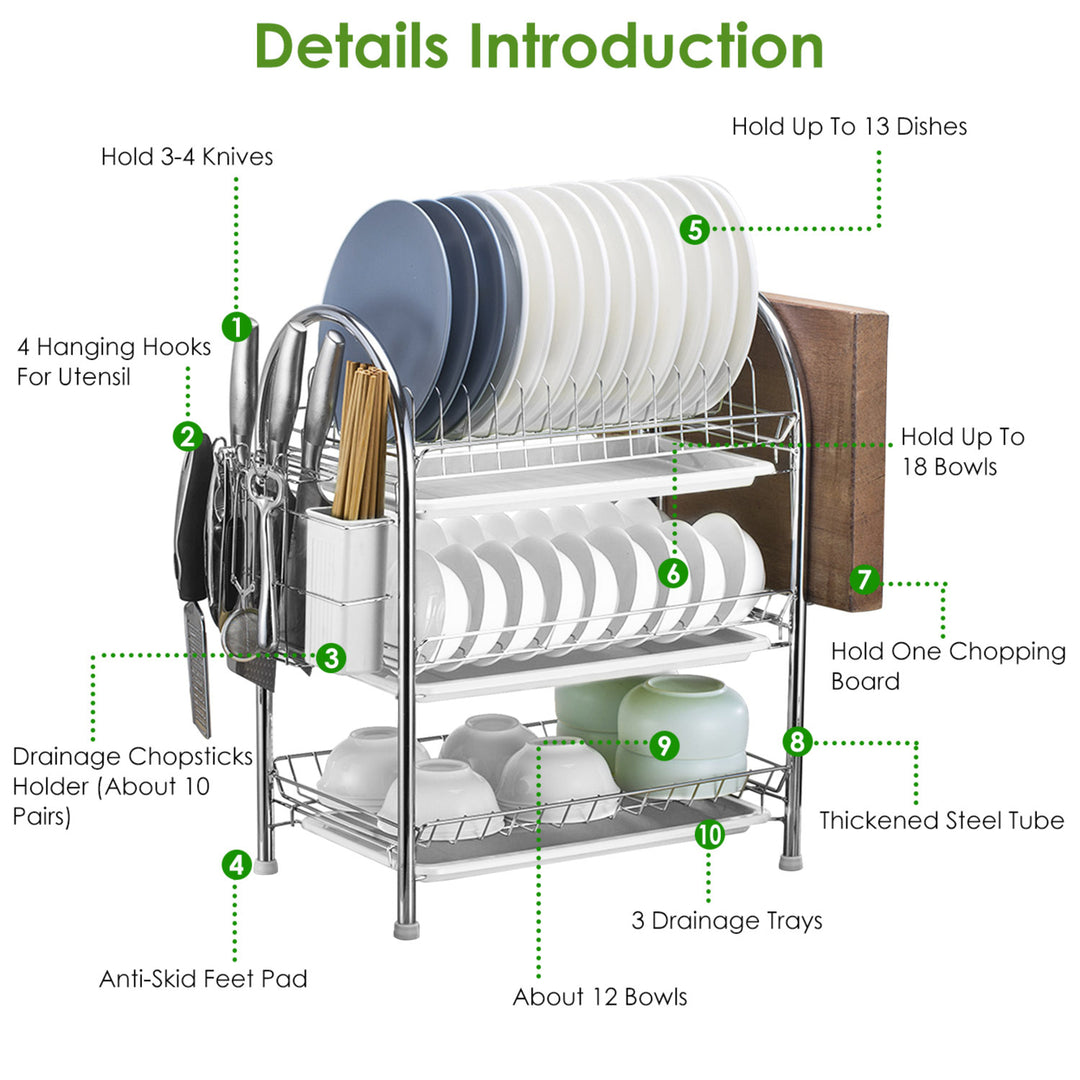 3-Tier Dish Drying Rack High-Carbon Steel with Drain Trays Utensil Holder White Silver Image 4