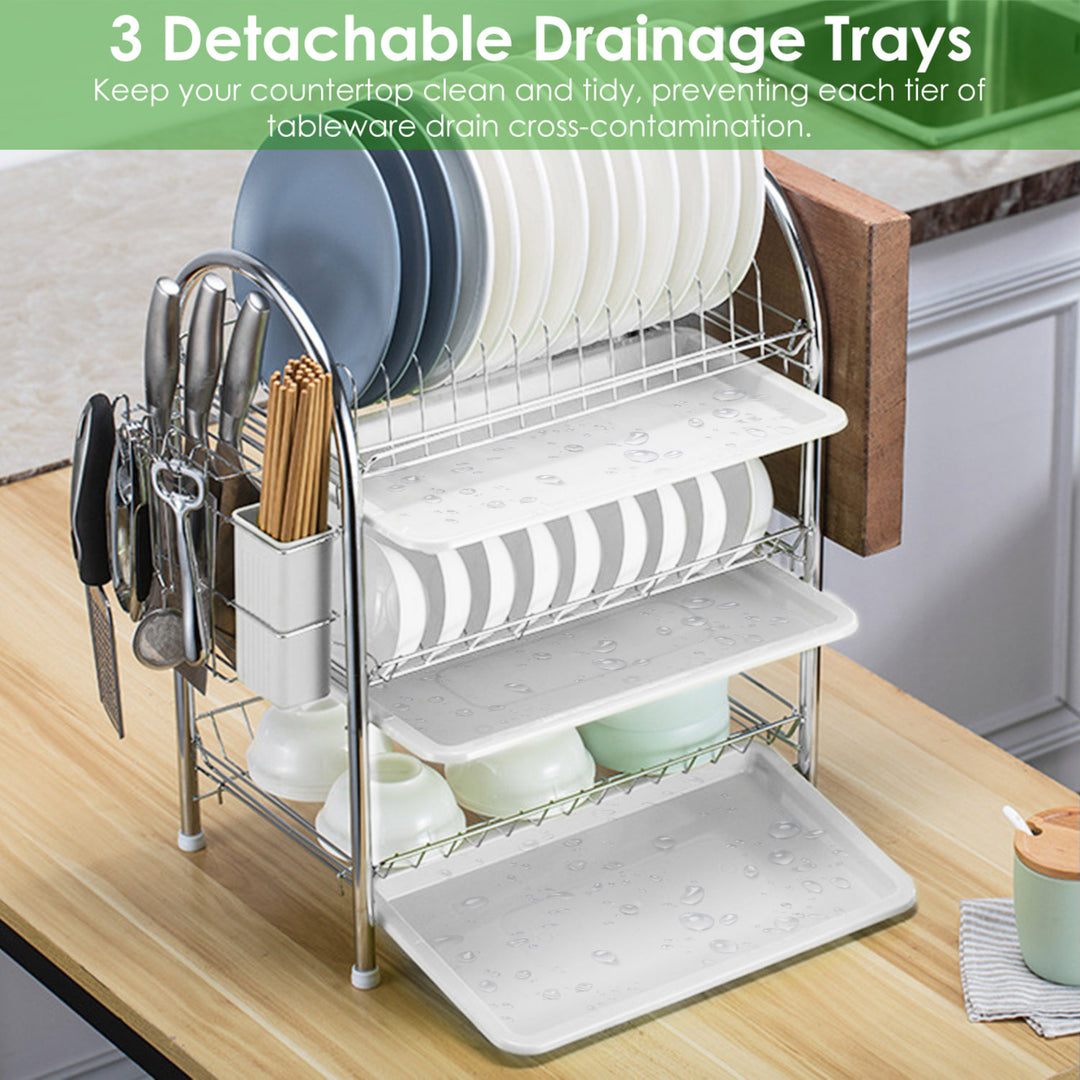 3-Tier Dish Drying Rack High-Carbon Steel with Drain Trays Utensil Holder White Silver Image 5