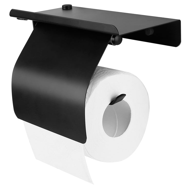 Stainless Steel Wall Mounted Toilet Paper Holder with Phone Storage Rack Black Image 1