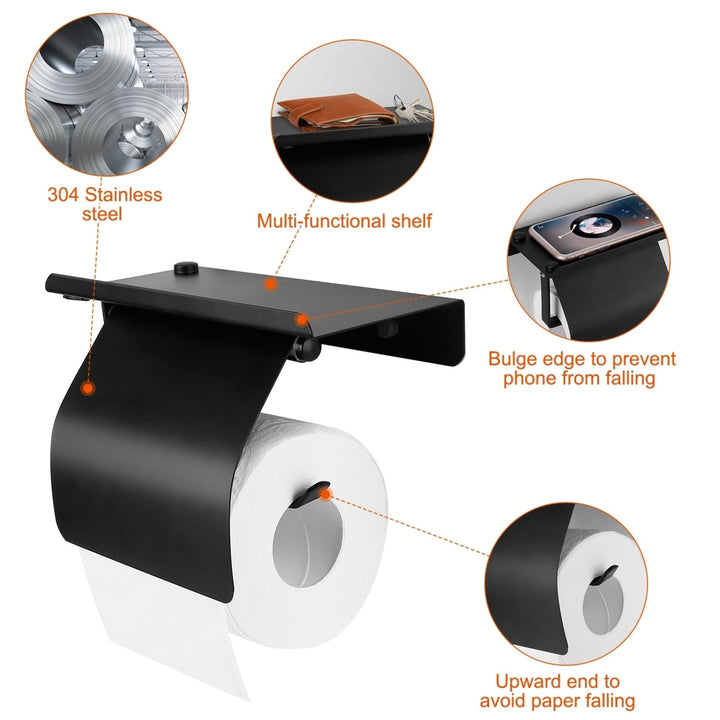 Stainless Steel Wall Mounted Toilet Paper Holder with Phone Storage Rack Black Image 2