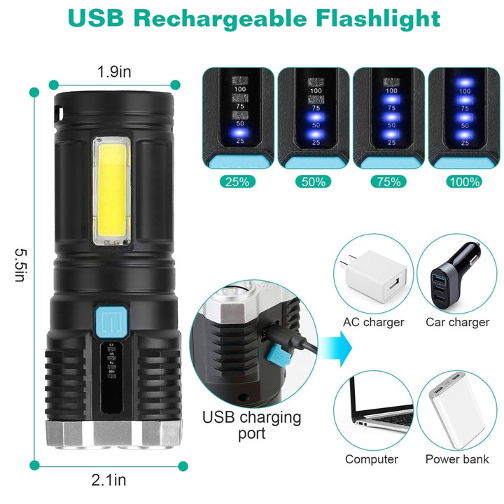 Rechargeable LED Flashlight Super Bright Floodlight 4 Modes USB Charging Black Image 4