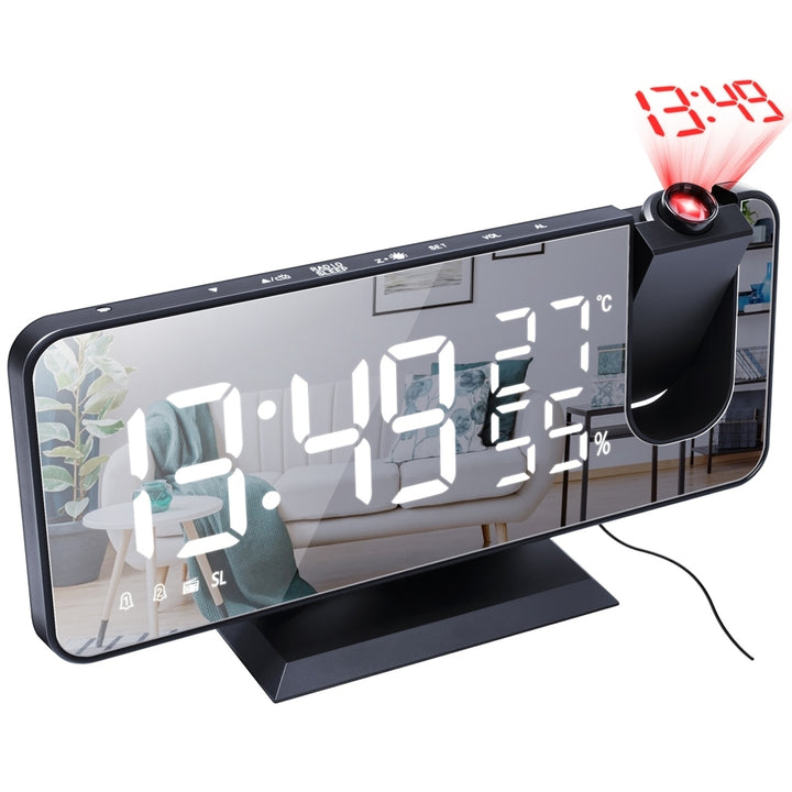 Projection Alarm Clock with FM Radio Dual Alarms USB Charging 7.5 Inch Mirror LED Image 1